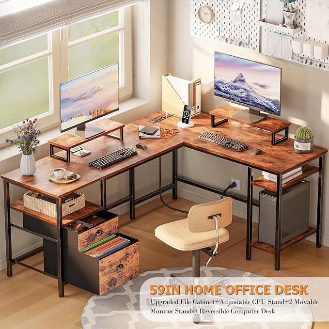 Furologee 59” L Shaped Desk with Power Outlet, Reversible Computer Desk with File Drawer & 2 Monitor Stands, Corner Home Office Table with Storage Shelves for Gaming Writing, Rustic Brown