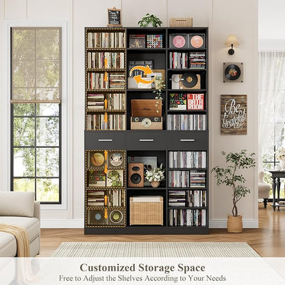 HOSTACK 75" Tall Book Shelf and Bookcase, 47" Wide Bookshelf with Drawers, Modern 9 Tier Bookcase with Storage, Large Wood Display Cabinet with Adjustable Shelves for Living Room, Home Office, Black