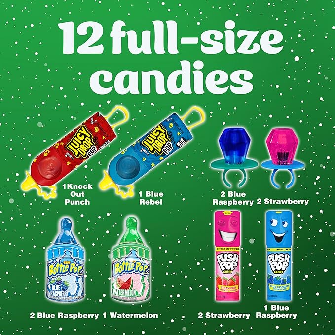 Christmas Candy Variety Pack Bag, 12 Ct Assorted Lollipops, Bulk Individually Wrapped Ring Pop, Push Pop, Baby Bottle Pop & Juicy Drop For Birthday Party Favors, Stocking Stuffers, Kids Gifts