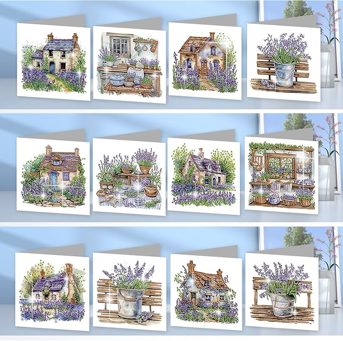 jinglinhh 12pcs Diamond Art Painting Lavender Flower House Bench Greeting Cards with Envelopes, DIY Card Making Kits for Adults, Diamond Art Postcards Christmas Cards Craft Gifts