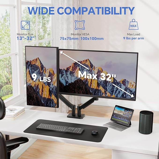 Dual Monitor Mount Fits Up to 32 Inch, Full Adjustable Dual Monitor Stand, VESA with C Clamp, Supports 4.4-19.8LBS LCD/LED Tilt, Swivel, Rotation Computer Screens, Black