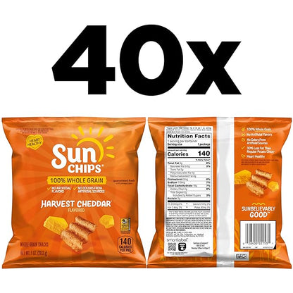 SunChips 100% Whole Grain Chips, Harvest Cheddar, 1 oz Bags, Pack of 40, No Artificial Flavors, No Colors from Artificial Sources