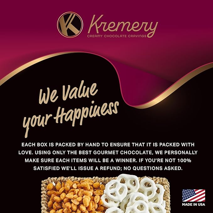 KREMERY Creamy Chocolate Cravings - Thanksgiving Chocolate Covered Pretzels & Caramel Popcorn Gift Basket, in Seagrass Tray + Ribbon (Classic, 1.5 lbs) Holiday Xmas Christmas