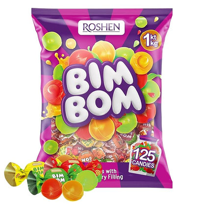 Roshen Bim Bom Hard Candy with Fruit Flavor Filling Kosher and Halal, Delicious, Flavorful Hard Sweets Bulk Candy 1kg/2.2lbs