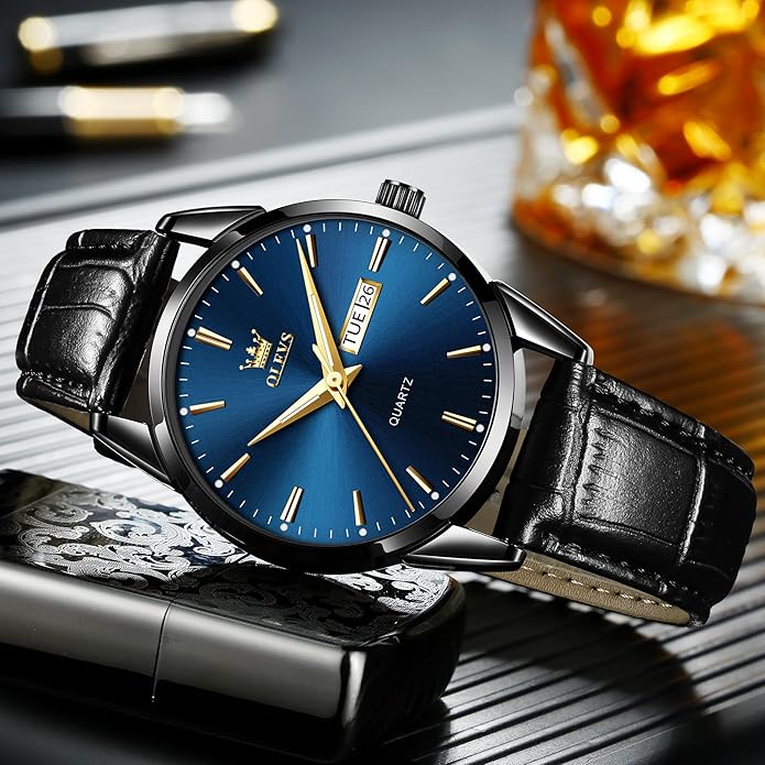 Men's Casual Leather Watch, Easy to Read Three-Hand Analog Stainless Steel Watches for Men, Minimalist Day Date Waterproof Luminous Mens Quartz Wristwatch