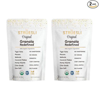 Struesli Original Organic Granola, Grain & Gluten Free, Healthy Snacks with Chia Seeds, Nuts & Sea Salt, Prebiotic High Fiber Food for Yogurt, Cereal & More, Plant Based, Keto & Paleo, 9 Oz, 2 Pack