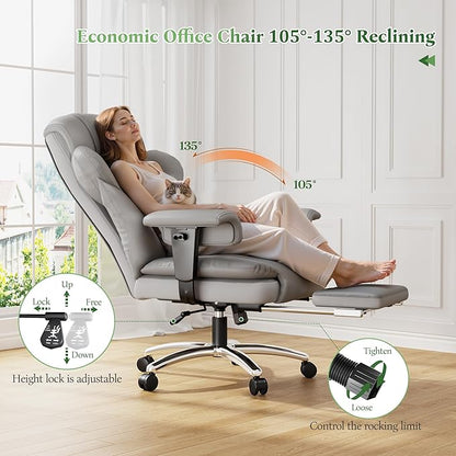 Ergonomic Office Chair with Foot Rest and Arms,Big and Tall Leather Executive Office Chair with Wide&Deep Seat Thickened,Reclining Comfy Desk Chair with High Back and Lumbar Support,Grey
