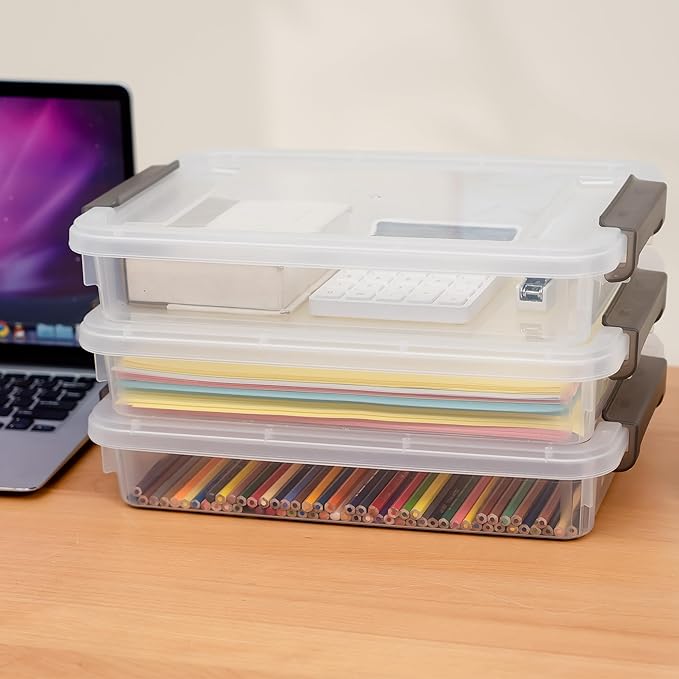 3 PCS Plastic Storage Bins with Lids Portable Project Case Water Resistant Plastic Containers for Organizing Document,A4 Paper,Photo,Letter,Scrapbook