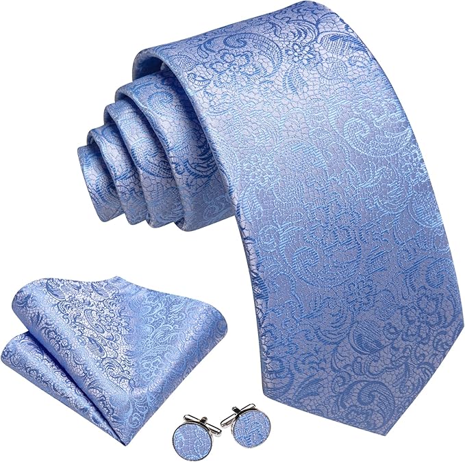 Barry.Wang Tie Sets for Men Silk Solid Necktie Stain Ties Handkerchief Pocket Square Cufflinks Wedding Business Dyed