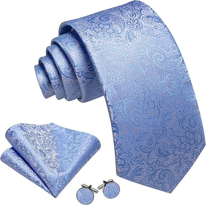 Barry.Wang Tie Sets for Men Silk Solid Necktie Stain Ties Handkerchief Pocket Square Cufflinks Wedding Business Dyed