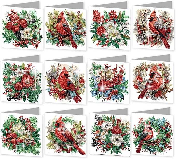 jinglinhh 12pcs Diamond Art Painting Christmas Cardinal Greeting Cards with Envelopes, DIY Card Making Kits for Adults, Diamond Art Christmas Cards for Birthday Holiday Postcards Craft Gifts