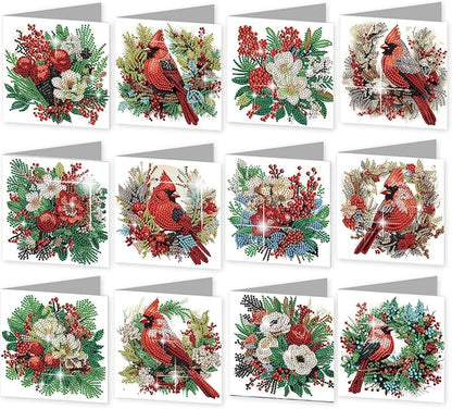 jinglinhh 12pcs Diamond Art Painting Christmas Cardinal Greeting Cards with Envelopes, DIY Card Making Kits for Adults, Diamond Art Christmas Cards for Birthday Holiday Postcards Craft Gifts