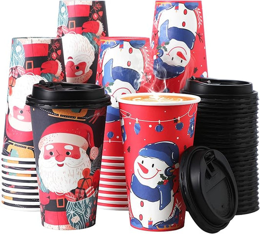 50 Pack 16 oz Christmas Coffee Cups with Lids, Holiday Disposable Paper Cups for Xmas Party Drinks, Hot Cocoa, Hot Chocolate, Cold Beverage