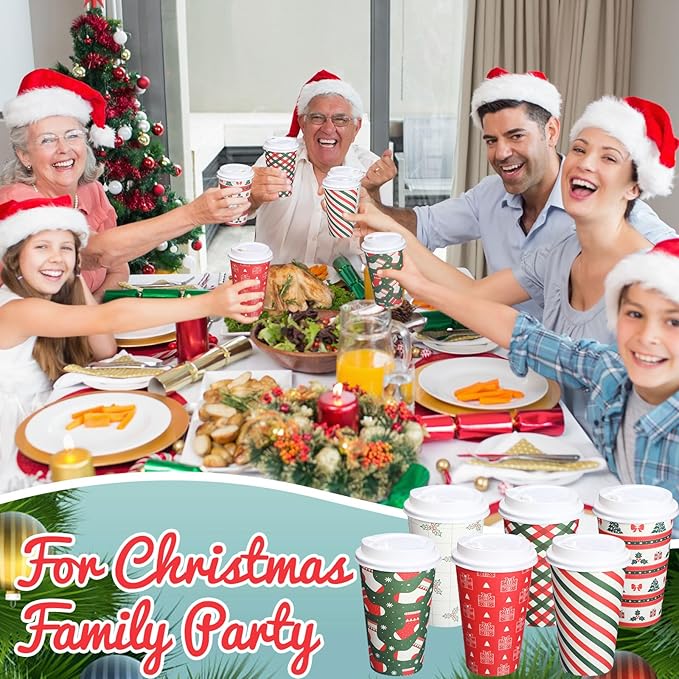 Yaomiao 90 Pack 16 oz Christmas Disposable Coffee Cups with Lids Bulk Christmas Paper Cups for Hot Cocoa Chocolate Tea Beverage Drinking, Xmas Holiday Winter Party Supplies