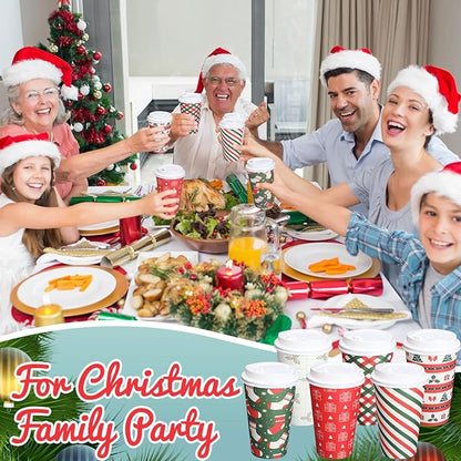 Yaomiao 90 Pack 16 oz Christmas Disposable Coffee Cups with Lids Bulk Christmas Paper Cups for Hot Cocoa Chocolate Tea Beverage Drinking, Xmas Holiday Winter Party Supplies