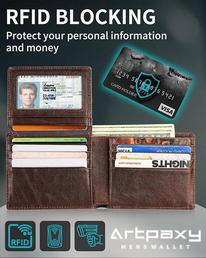 Mens Wallet Bifold Genuine Leather RFID Blocking Wallet for Men with 2 ID Windows 12 Card Holders 2 cash pockets 1 Gift Box