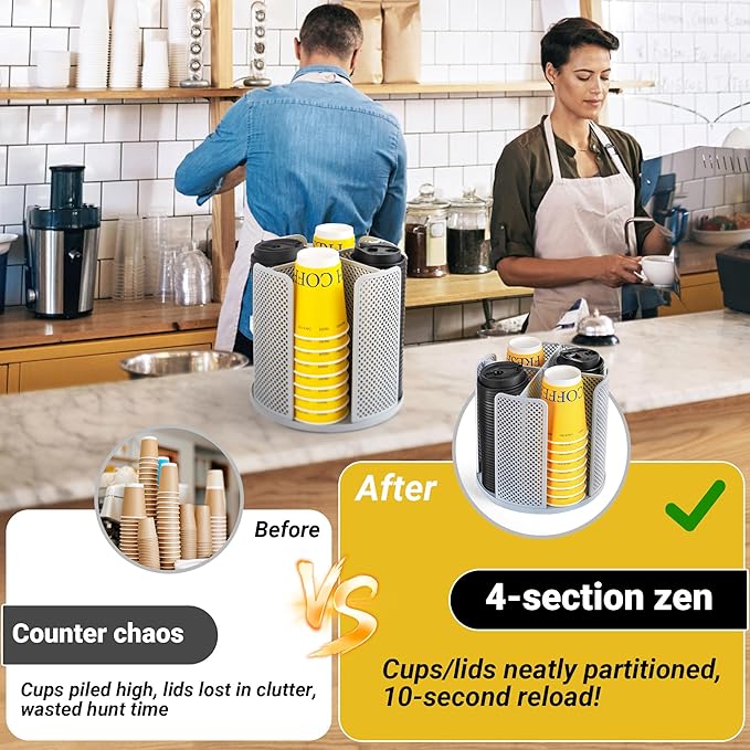 4-Compartment Rotating Paper Cup Holder & Coffee Cup Lid Storage Dispenser, Plastic Cup Dispenser Removable, Space-Saving Countertop Cup Holder for Coffee Bars, Kitchens (Grey)