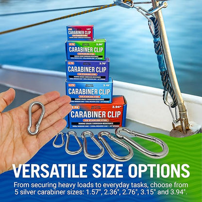 Stainless Steel Carabiner Clip, 4 Pack, 316 Marine Grade, Heavy Duty Spring Snap Hooks, Mini and Large Sizes, 2" to 4" Options