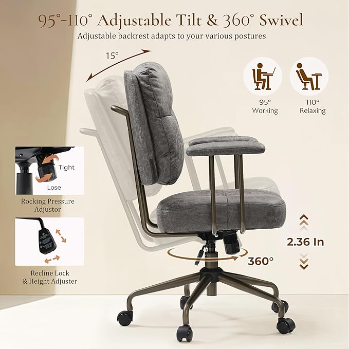 EUREKA ERGONOMIC Becky Home Office Desk Chairs Leather, Comfy Office Chair with Lumbar Support and Arms, Mid-Back, Comfortable Thick Cushion, Height Adjustable, Mid-Century Modern, Gary