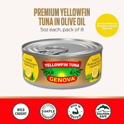Genova Premium Yellowfin Tuna in Lemon and Herbes de Provence Infused Olive Oil, 5 Ounce Cans (Pack of 12), Solid Light