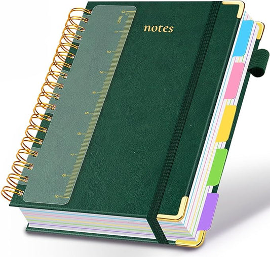 Hardcover Spiral Notebook 8"x10" Journal Notebook with Tabs and Removable Dividers 300 Pages 5 Subject Notebook College Ruled, Faux Leather Spiral Bound Notebook for Women School Work (Green)