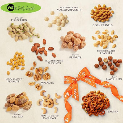 NUT CRAVINGS Gourmet Collection - Happy Birthday Treats, Nuts Gift Basket with Bday Ribbon in Reusable Wooden Tray (12 Assortments) Food Arrangement, Healthy Snack Care Package, Food Assortments