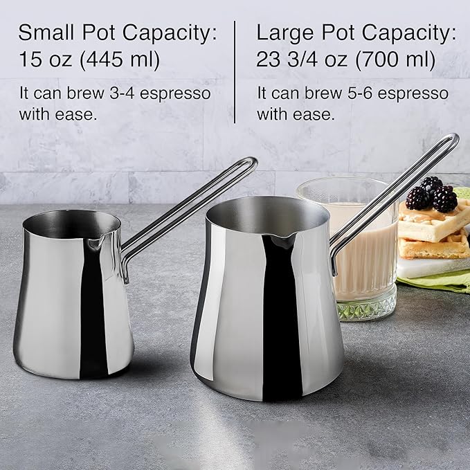 Crystalia Turkish Coffee Pot 18/10 Stainless Steel, Stove Top Tea Maker, Milk Warmer, Greek Arabic Coffee Cezve Briki, 23 2/3 oz (700 ml) (Silver, Large)