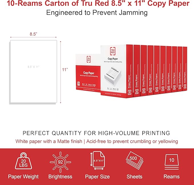 Staples TRU RED 8.5x11 Copy Paper 20 lb. 92-Bright 5000 Sheets/Carton