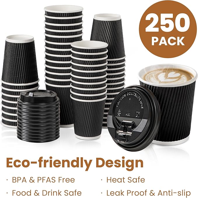 Fit Meal Prep 250 Pack 8 oz Black Disposable Coffee Cups with Lids & Stirrers, Corrugated Triple Wall To Go Hot Cups, Insulated Paper Coffee Cups for Hot Beverages, Travel, Home, Office (Black Lids)