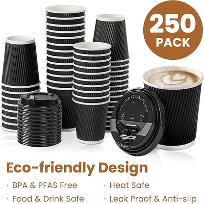 Fit Meal Prep 250 Pack 8 oz Black Disposable Coffee Cups with Lids & Stirrers, Corrugated Triple Wall To Go Hot Cups, Insulated Paper Coffee Cups for Hot Beverages, Travel, Home, Office (Black Lids)