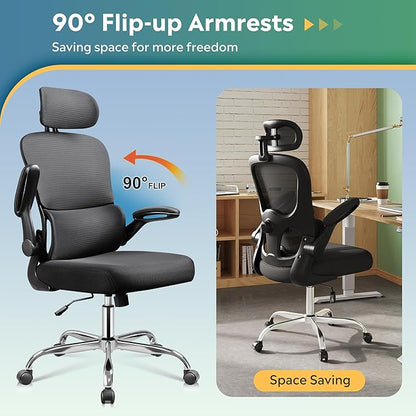 DEVAISE Ergonomic Mesh Desk Chair, Separated-Adjustable Lumbar Support，Large Cushion, Flip-up Armrests, 90-125° Rocking Tilt, for Home Office Computer Gaming, Black
