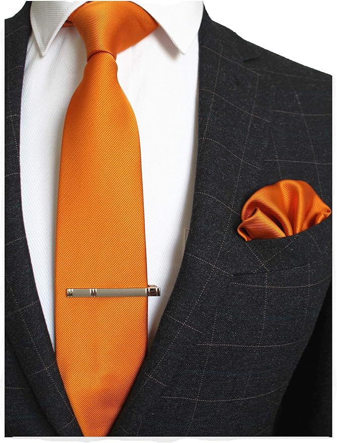 JEMYGINS Solid Color Formal Necktie and Pocket Square Tie Clip Sets for Men