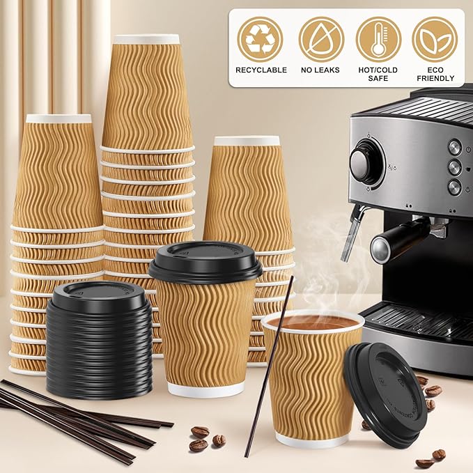 SIUQ 90 Pack - 8 oz Disposable Coffee Cups with Lids and Straws,To go Coffee Cups,Insulated Corrugated Paper Cups,Kraft Ripple Wall Cups for Hot Beverage or Cold Drinks -Champagne