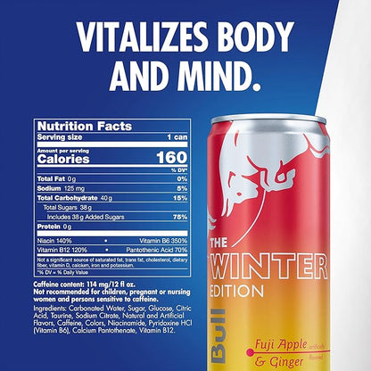 Red Bull Winter Edition Energy Drink, Fuji Apple & Ginger, 12 fl. oz., Pack of 4 cans, with 114mg Caffeine, Taurine & B Vitamins