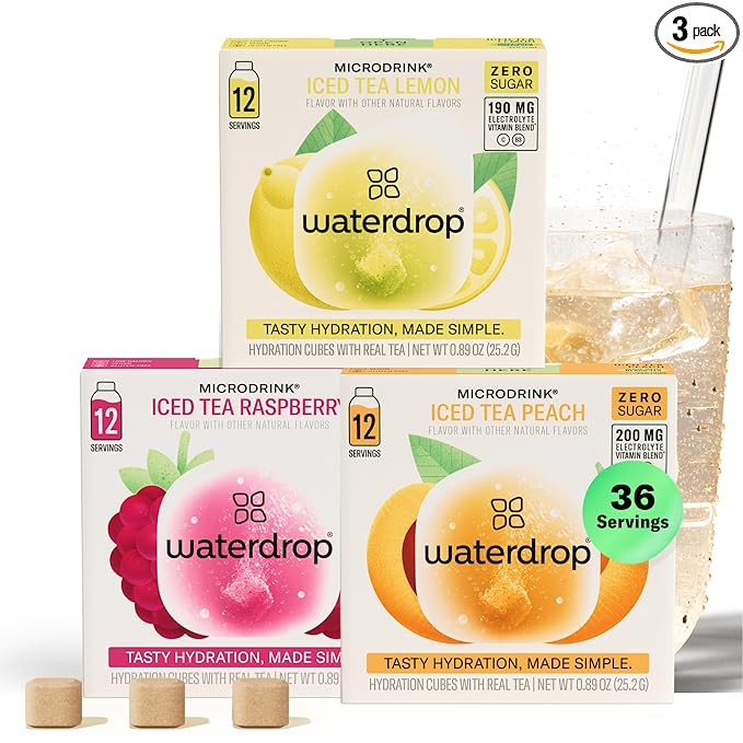 Waterdrop Hydration Cubes With Vitamin C, B Vitamins and Electrolytes, 3 Iced Tea Flavor Electrolyte Variety Pack, Flavored Water Enhancer Cubes for Still & Sparkling Water, Sugar Free, 36 Count