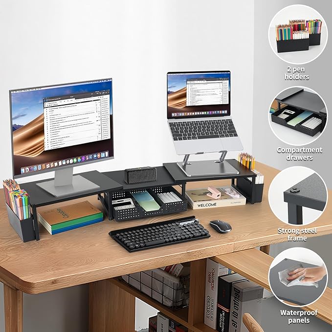 OPNICE Desk Dual Monitor Stand Riser - Desk Organizer with Drawer and Pen Holders, Office Desk Accessories & Workspace Organization, Computer Monitor Stand for Laptop, Printer, TV(Black Wood)