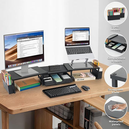 OPNICE Desk Dual Monitor Stand Riser - Desk Organizer with Drawer and Pen Holders, Office Desk Accessories & Workspace Organization, Computer Monitor Stand for Laptop, Printer, TV(Black Wood)