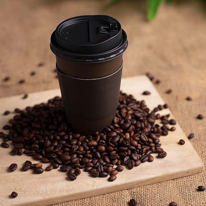 Promora 12 oz Brown Disposable Coffee Cups with Lids & Sleeves, Hot Coffee Cup Sleeves Disposable, Premium Insulated To Go Paper Cups (12 oz, Pack of 80) Brown and Black