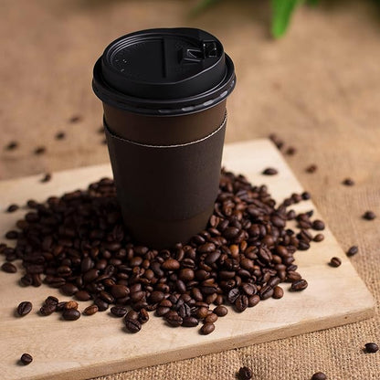 Promora 12 oz Brown Disposable Coffee Cups with Lids & Sleeves, Hot Coffee Cup Sleeves Disposable, Premium Insulated To Go Paper Cups (12 oz, Pack of 80) Brown and Black