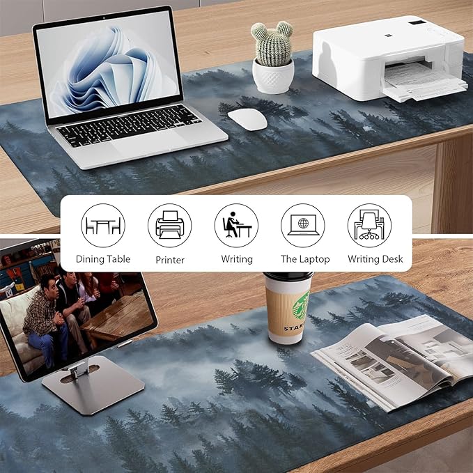 Grey Forest Patterns Desk Mat, Large Gaming Mouse Pad Non-Slip Rubber Base with Stitched Edges, Waterproof Protection for PC Laptop Home Office Desk Decor (35.4x15.7in)