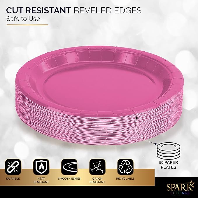 Disposable Paper Plates Bright Pink, 6 3/4 Inches Paper Dessert Plates, Strong and Sturdy Disposable Plates for Party, Dinner, Holiday, Picnic, or Travel Party Plates, Pack of 50