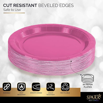 Disposable Paper Plates Bright Pink, 6 3/4 Inches Paper Dessert Plates, Strong and Sturdy Disposable Plates for Party, Dinner, Holiday, Picnic, or Travel Party Plates, Pack of 50