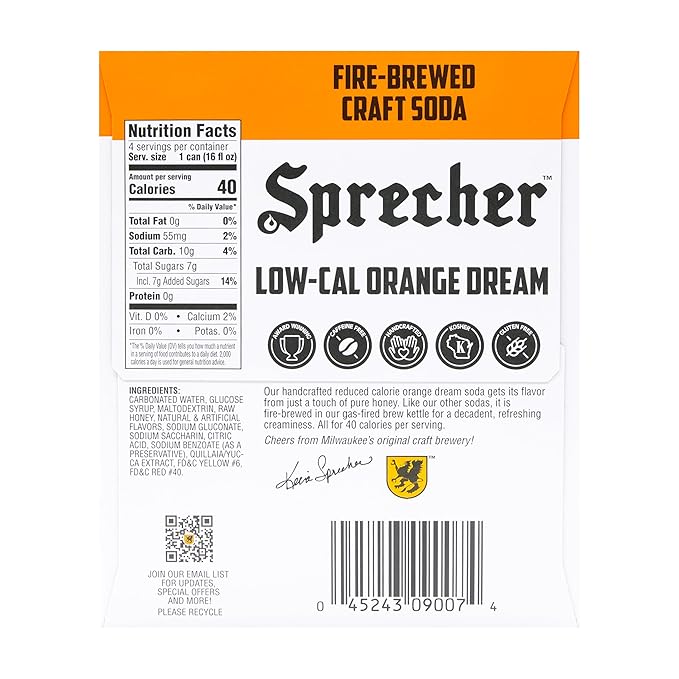 Sprecher Low-Cal Orange Dream Soda, Fire-Brewed Diet Soda with Real Honey, Handcrafted Orange Soda, Reduced Calorie, Caffeine-Free Gourmet Beverage – 16 fl oz Cans (12 Pack)