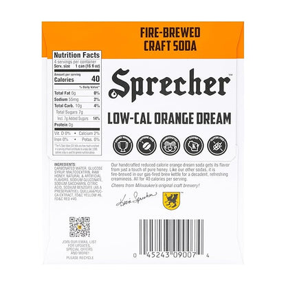 Sprecher Low-Cal Orange Dream Soda, Fire-Brewed Diet Soda with Real Honey, Handcrafted Orange Soda, Reduced Calorie, Caffeine-Free Gourmet Beverage – 16 fl oz Cans (12 Pack)