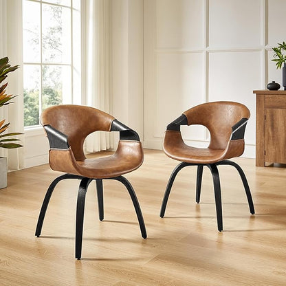 Art Leon Desk Chair No Wheels Set of 2, Mid Century Modern Office Chair, Faux Leather Upholstered Swive Chair with Wood Legs for Living Room Bedroom, Walnut Bentwood, Brown/Walnut