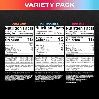 Prime ICE Hydration Variety Pack Smooth & Refreshing Low-Calorie Sports Drink with 10% Coconut Water, 500+ mg Electrolytes & Zero Added Sugar, 12 fl oz Bottles, Pack of 15