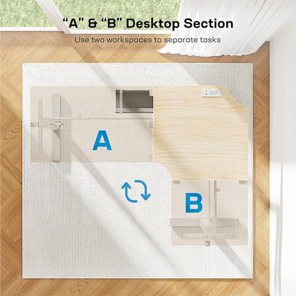 HUANUO 63″ Dual Motor L-Shaped Standing Desk, Built-in Power Outlets, Electric Height Adjustable Corner Computer Desk, Large Power Strip Holder, Sit Stand Up Desk with 3 Preset Heights, Natural Wood