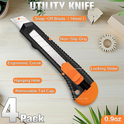 Retractable Utility Knife, 4 Pack Box Cutters with 18mm Snap-Off Blade for Paper, Plastic, Cardboard