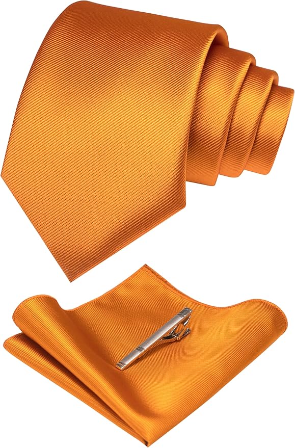 JEMYGINS Solid Color Formal Necktie and Pocket Square Tie Clip Sets for Men