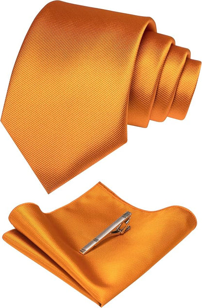 JEMYGINS Solid Color Formal Necktie and Pocket Square Tie Clip Sets for Men